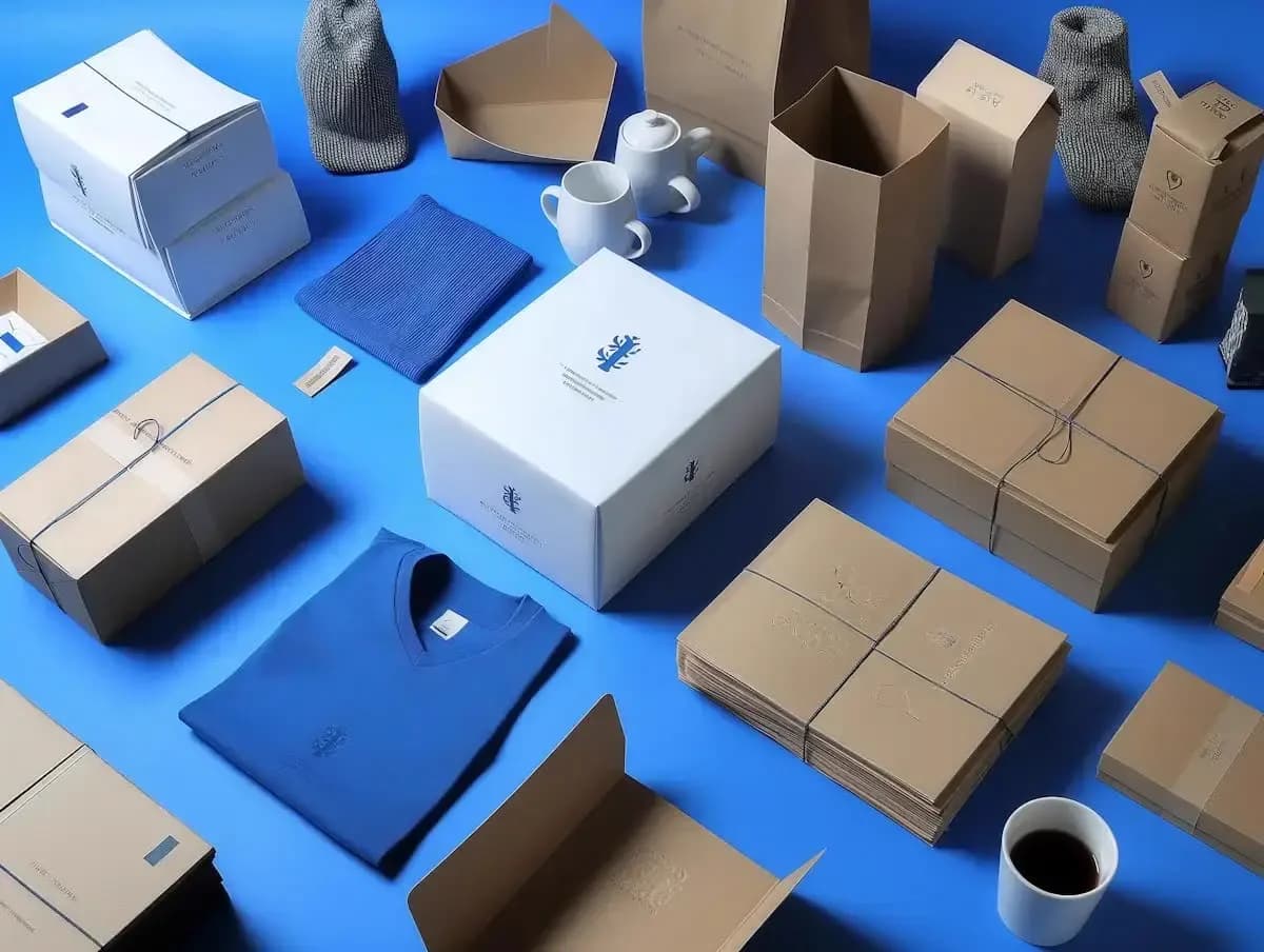 A flat-lay of kraft and white product packaging, folded garments and ceramics on a blue ground