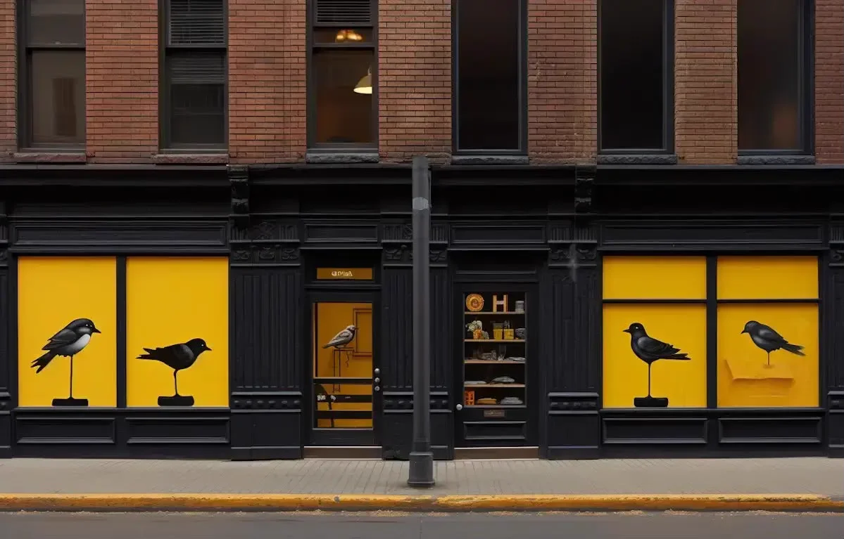The Noir Aviary shopfront: a black facade with yellow window panels and bird motifs
